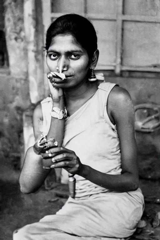 Image similar to portrait of a sri lankan woman smoking cigarette, 8 0's style, high - fidelity