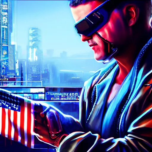 Image similar to jc denton president of usa, cyberpunk, cinematic, hyper realism, photorealistic, highly detailed 4 k,