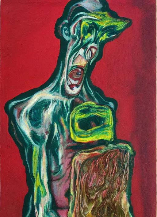 Image similar to scout boy, grotesque, doomed, acrylic paint, gouache on canvas, ugly art, grotesque, wrapped thermal background, art francis bacon