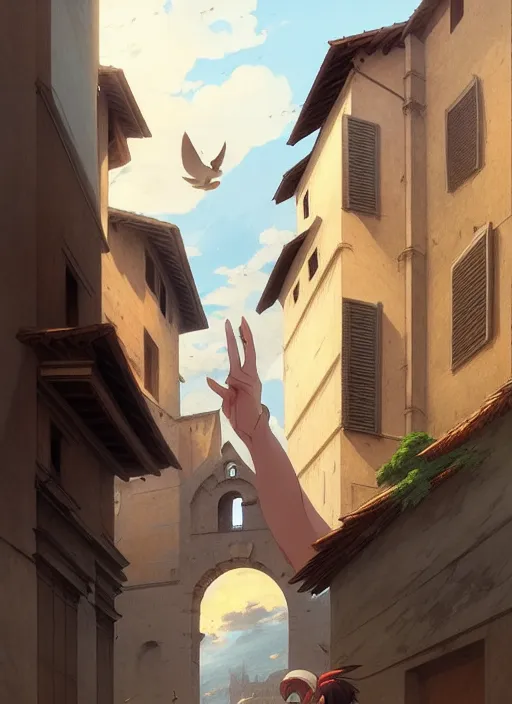 Prompt: florence italy in 1 8 2 0, an angle holds a nightingale bird on an outstretched hand, finely detailed perfect art, gapmoe yandere grimdark, trending on pixiv fanbox, painted by greg rutkowski makoto shinkai takashi takeuchi studio ghibli