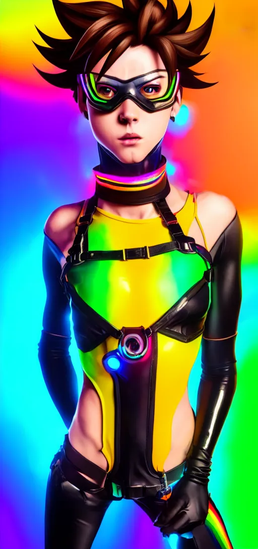 Image similar to full body overwatch style oil painting portrait of tracer overwatch, confident pose, wearing black jagged iridescent rainbow latex armor, rainbow, neon, 4 k, expressive surprised expression, makeup, wearing large rainbow neon choker, studio lighting, black leather harness, expressive detailed face and eyes,