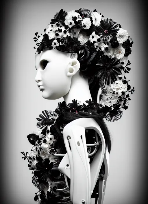 Image similar to black and white dreamy profile face portrait, biomechanical beautiful angelic young female cyborg - robot - doll with long hair made of flowers, body ribs, volumetric light, hibiscus flowers, rim light, big gothic fashion pearl embroidered collar, 1 9 3 0, 8 k