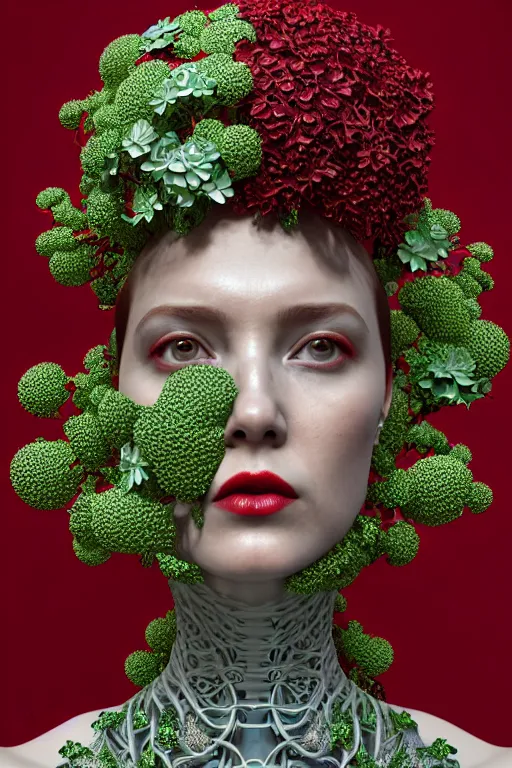 Prompt: complex 3 d render, hyper detailed ultrasharp beautiful biomechanical mandelbrot fractal filigree mesh wire female cyborg portrait with a porcelain profile face, elegant crown with big hydrangea foliage leaves stems roots, red lips, alexander mcqueen haute couture, art nouveau fashion, octane render, 8 k