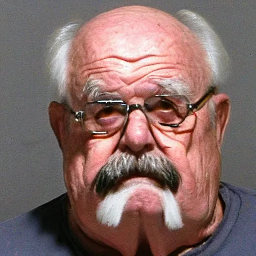 Prompt: Wilfred Brimley Mugshot, faces of meth, closeup, police booking, smoking gun,