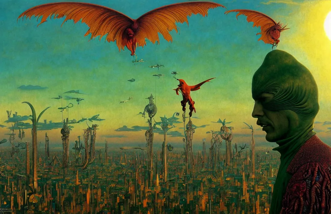 Image similar to realistic detailed portrait movie shot of a birdman wearing green leather coat, sci fi city sunset landscape background by denis villeneuve, amano, yves tanguy, alphonse mucha, ernst haeckel, max ernst, roger dean, masterpiece, rich moody colours, blue eyes