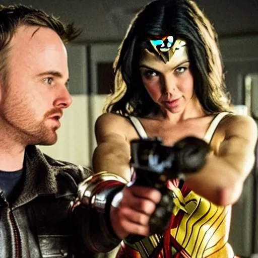 Image similar to Jesse Pinkman holding wonder woman hostage with a gun