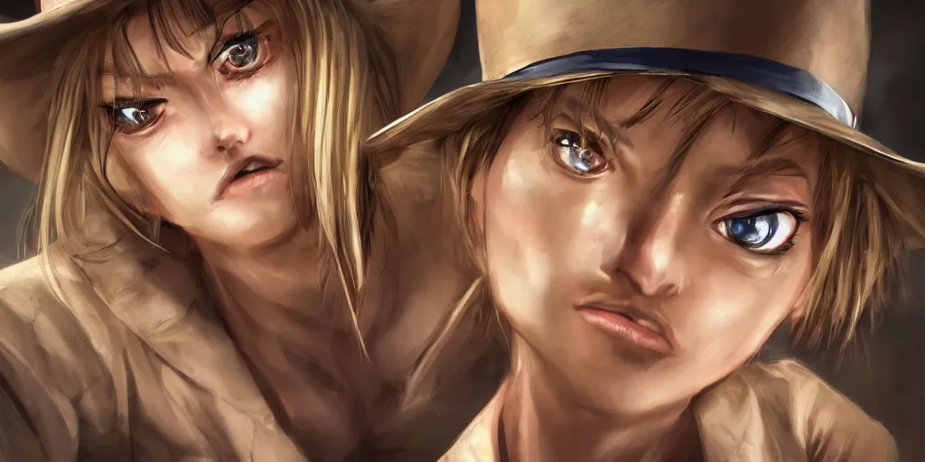 Image similar to a portrait one person, complexity, global lighting, detail, ultra sharpness, beautiful female sheriff body from games yoshihiro togashi style, big eyes, plump lips, a gunshot, global lighting, western saloon theme, detailed faces, blank faces, style by huyy nguyen,