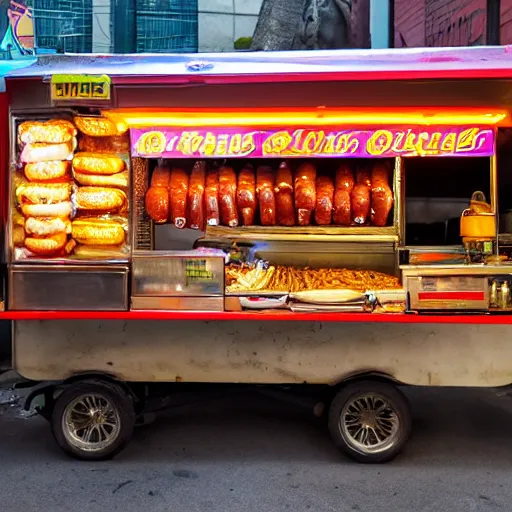 Prompt: hot dog street food stand amateur photography with flash