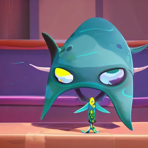 Image similar to a manta ray character who sells paints, designed by splatoon nintendo, inspired by tim shafer psychonauts 2 by double fine, cgi, professional design, gaming