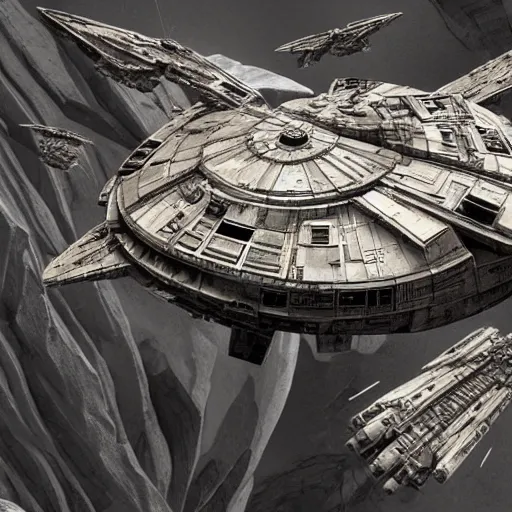 Image similar to well thought out concept art, millennium falcon flies into mandelbulb cave, ambient occlusion, cgsociety, intricate, detailed