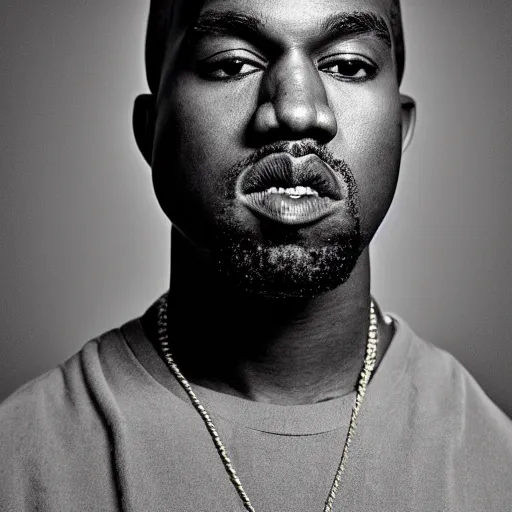 Image similar to the face of young kanye west wearing yeezy clothing at 2 0 years old, black and white portrait by julia cameron, chiaroscuro lighting, shallow depth of field, 8 0 mm, f 1. 8