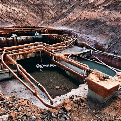 Image similar to underground copper mine, flooded, dirty water, rusty pipes