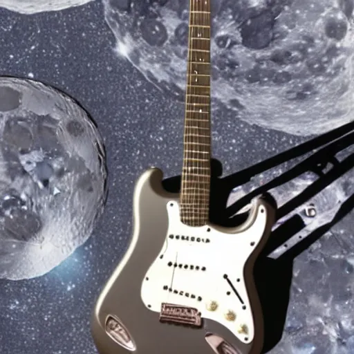 Prompt: photo of a stratocaster electric guitar sitting idle during the moon landing. detailed