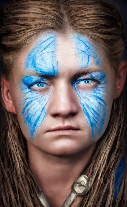 Image similar to photorealistic head and shoulders portrait of female viking warrior with large sad blue eyes, damaged, cinematic, anamorphic