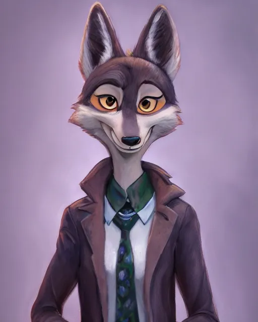 Image similar to oil painting of anthromorphic female wolf, in style of zootopia, zootopia, zootopia, fursona, furry, furaffinity, 4 k, deviantart, furry art, fursona art, wearing black business suit, business suit, in style of zootopia, wolf fursona, cyberpunk, female, expressive detailed feminine face,