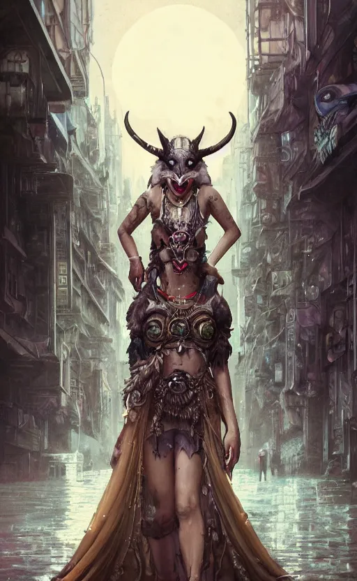 Prompt: hyper realistic Princess Mononoke, ornate mask magic, wet market street, cyberpunk metropolis, city landscape, jewels, full body pose, full moon, wolf by her side, style of tom bagshaw, mucha, james gurney, norman rockwell, denoised, sharp