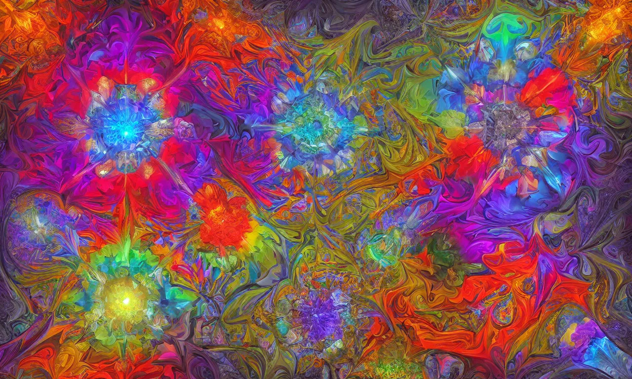 Image similar to voronoi engine laboratory 3 d volume kaleidoscope mandala fractal chakra digital multicolor stylized concept substance by artgerm, rossdraws, norman rockwell, magali villeneuve, gil elvgren, alberto vargas, earl moran, enoch bolles radiating a glowing aura global illumination ray tracing hdr