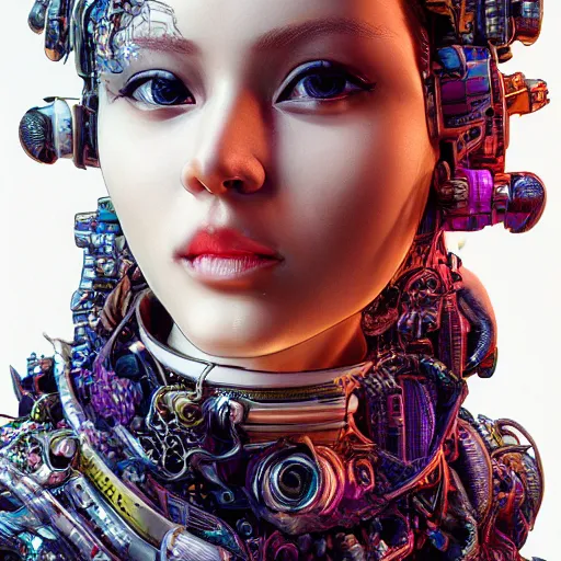 Image similar to the portrait of an absurdly beautiful, graceful, elegant, sophisticated, fashionable cyberpunk gravure idol, an ultrafine hyperdetailed illustration by kim jung gi, irakli nadar, zhong lin, intricate linework, bright colors, collage, porcelain skin, unreal engine 5 highly rendered, global illumination, radiant light, detailed and intricate environment