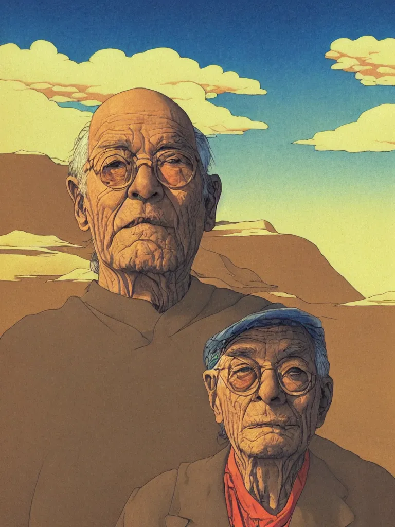 Image similar to a closeup portrait of an wise old man on mind altering drugs, lsd acid and dreaming psychedelic hallucinations in the arrid desert, by kawase hasui, moebius, edward hopper, colorful flat surreal design, dramatic lighting, hd, 8 k, artstation