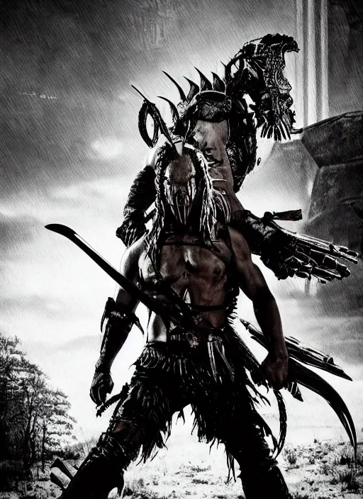 Image similar to movie film poster art for hiroyuki sanada vs predator. in the style of ansel adams, frank frazzetta, realistic, detailed, octane