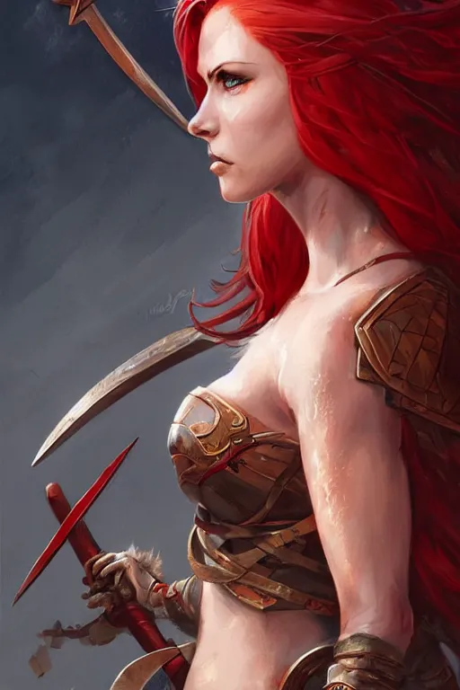 Prompt: beautiful warrior woman with red hair and two swords, fantasy, portrait, highly detailed, digital painting, trending on artstation, concept art, sharp focus, illustration, art by artgerm and greg rutkowski and magali villeneuve