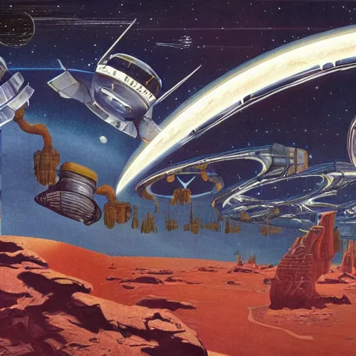 Image similar to marsian space colony, 8 0 s scifi style, by bonestell, chesley