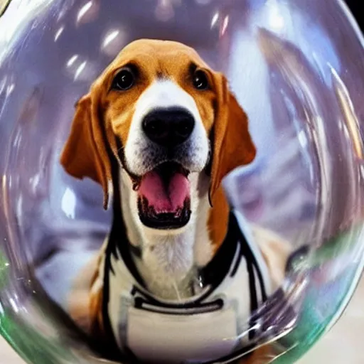 Image similar to a cute realistic foxhound dog wearing clothes whilst in a bubble bath