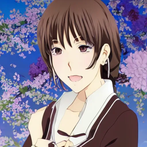 Image similar to Detailed anime key visual of a beautiful Japanese woman with short brown hair, shoulder-length; wearing a white shirt with a floral pattern; Official media