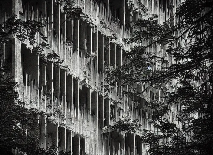 Image similar to “ brutalist architecture, psychedelic forest ”