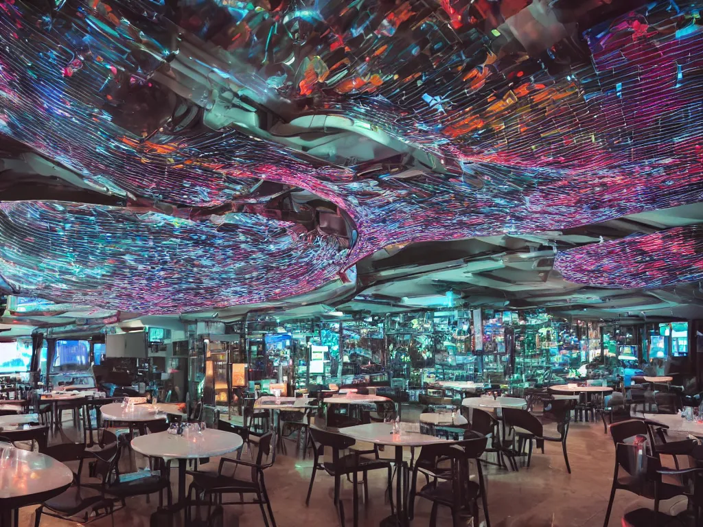 Image similar to visors with curved translucent screens playing detailed sci - fi art ( 2 0 4 2 ), pixel perfect photograph, high contrast, volumetric lighting, thin glowing lights, restaurant, chairs, users, pair of keys