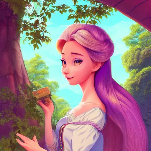 Image similar to portrait of princess rapunzel, tower surrounded by forest background, rich vivid colors, ambient lighting, dynamic lighting, 4k, official media, anime key visual, makoto shinkai, ilya kuvshinov, lois van baarle, rossdraws, detailed, trending on artstation