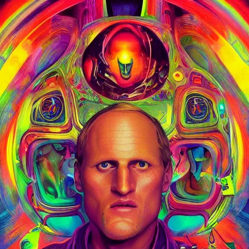 Image similar to Woody Harrelson an extremely psychedelic experience, colorful, surreal, dramatic lighting, cosmonaut, LSD, face, detailed, intricate, elegant, highly detailed, digital painting, artstation, concept art, smooth, sharp focus, illustration, art by Sam Spratt, Dan Mumford, Artem Demura and Alphonse Mucha