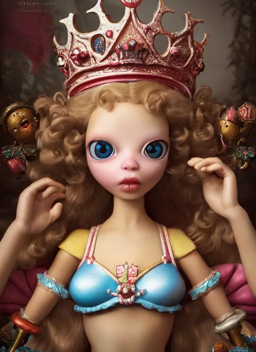 Image similar to highly detailed closeup, profile portrait of a tin toy fairytale princess wearing a crown eating cakes, bikini, unreal engine, nicoletta ceccoli, mark ryden, earl norem, lostfish, global illumination, detailed and intricate environment