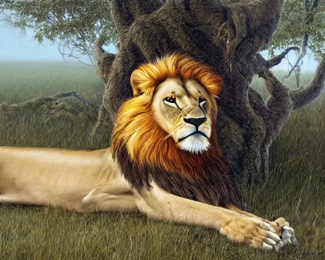 Prompt: a majestic lion under a tree in the morning by Aaron Blaise and Robert Bateman