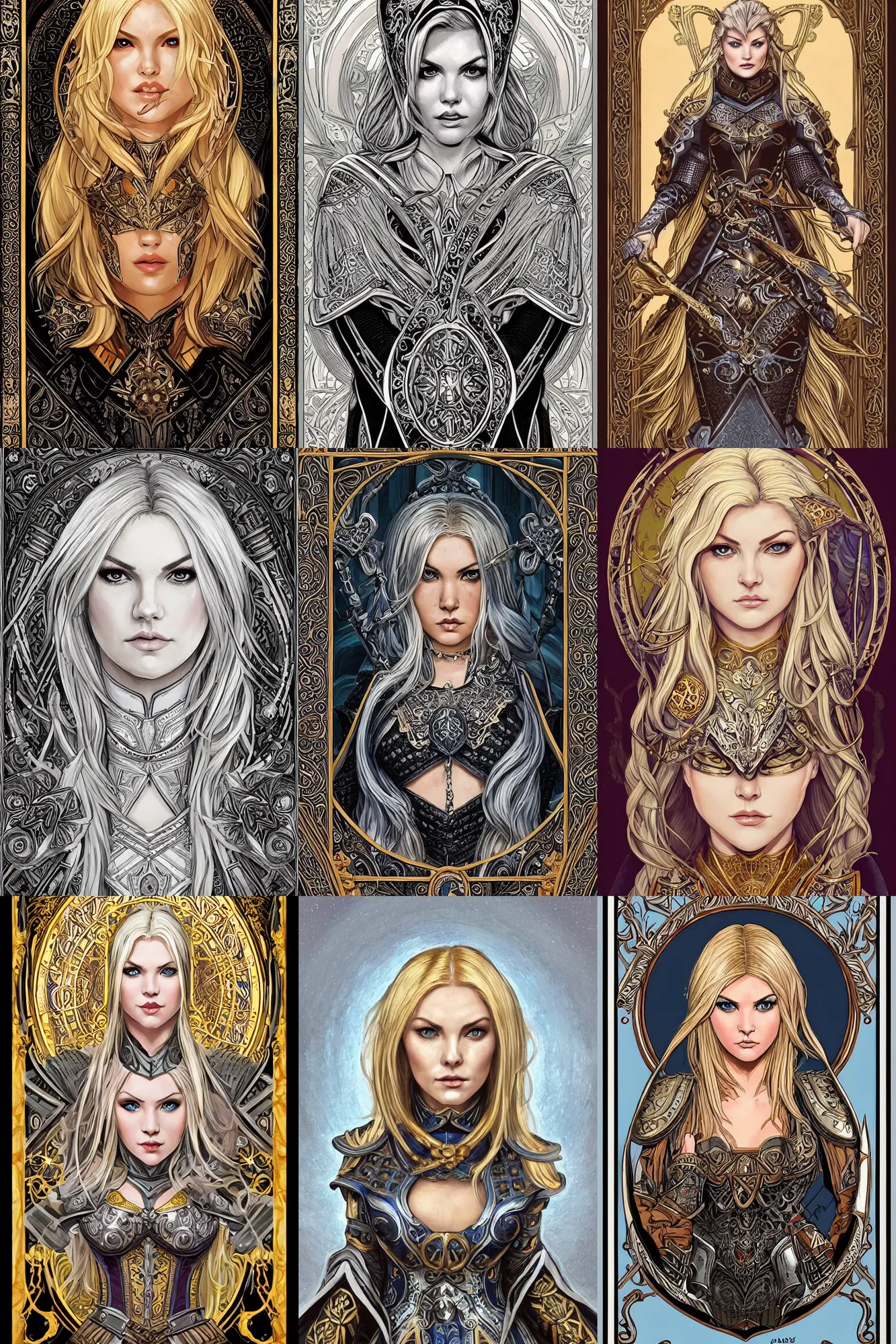 Image similar to head-on symmetrical centered painted portrait, Elisha Cuthbert as a paladin, blonde hair, ornate heavy plate armour, art nouveau, tarot card style, medieval robes, fantasy, intricate, elegant, highly detailed, smooth, sharp focus, illustration, artstation, in the style of Ross Tran and by Jesper Ejsing and by Artgerm and by Anna Podedworna and by Mikalojus Konstantinas Ciurlionis and by Mucha