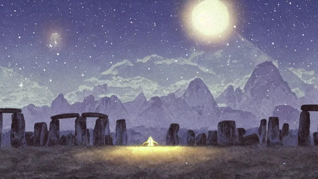 Prompt: a cell - shaded cartoon from princess mononoke ( 1 9 9 7 ) showing a huge ufo over stonehenge. in the background is machu pichu on a misty and starry night. very dull muted colors, hd, 4 k, hq