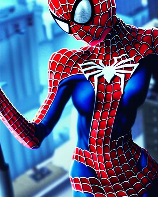 Image similar to full-body portrait Anime spiderman cosplay girl cute-fine-face, pretty face, realistic shaded Perfect face, fine details. Anime. realistic shaded lighting by katsuhiro otomo ghost-in-the-shell, magali villeneuve, artgerm, rutkowski Jeremy Lipkin and Giuseppe Dangelico Pino and Michael Garmash and Rob Rey