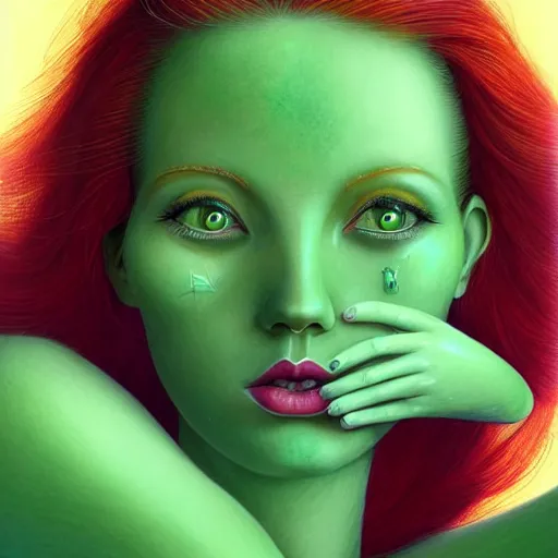 Image similar to Redhead Pleiadian alien human beautiful hybrid feminine woman, green skin, long gorgeous red hair in loose curls, with stunning green eyes, cute round face and a roundish nose, as a retrofuturistic heroine, face and body, gorgeous psychedelic digital painting, artstation, concept art, smooth, sharp focus, illustration, art by artgerm and donato giancola and Joseph Christian Leyendecker, Ross Tran, WLOP