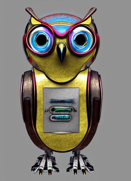 Image similar to colored pencil and pen drawing of an animatronic robot owl, bird made from rusty old keys and padlocks, 4 k photorender realityengine