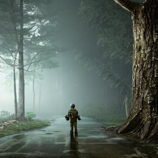 Prompt: drone photo of soldier against huge alien arachnoid bug on the old road in the forest lomography photo, playstation 5 screenshot, fine details, rain, rtx reflections, fog, night, photorealistic, unreal engine, octane render, volumetric light, featured on cg society, 4 k, 5 0 mm bokeh