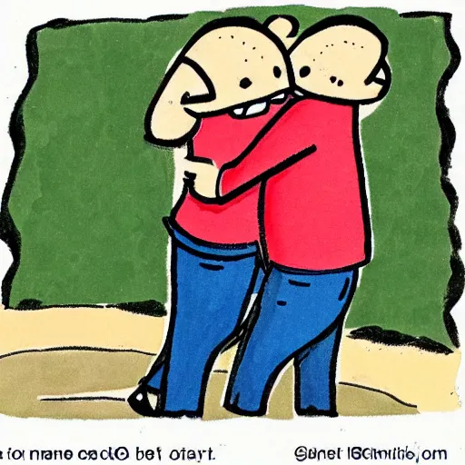 Image similar to cartoon of two man hugging each other