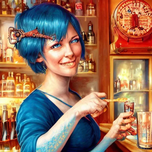 Prompt: an insanely detailed portrait of a smiling beautiful barmaid with short blue hair working at a rustic saloon, wearing red dress, highly detailed features, sparkling blue eyes, long eyelashes, in the style of peter mohrbacher, artgerm, dramatic lighting and composition, octane render, trending on artstation, concept art 8 k