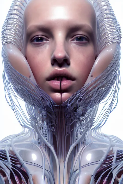 Image similar to young woman, iris van herpen, beautiful face, perfect symmetrical body, full body shot, inflateble shapes, wires, tubes, veins, jellyfish, white biomechanical details, wearing epic bionic cyborg implants, masterpiece, intricate, biopunk, vogue, highly detailed, artstation, concept art, cyberpunk, octane render