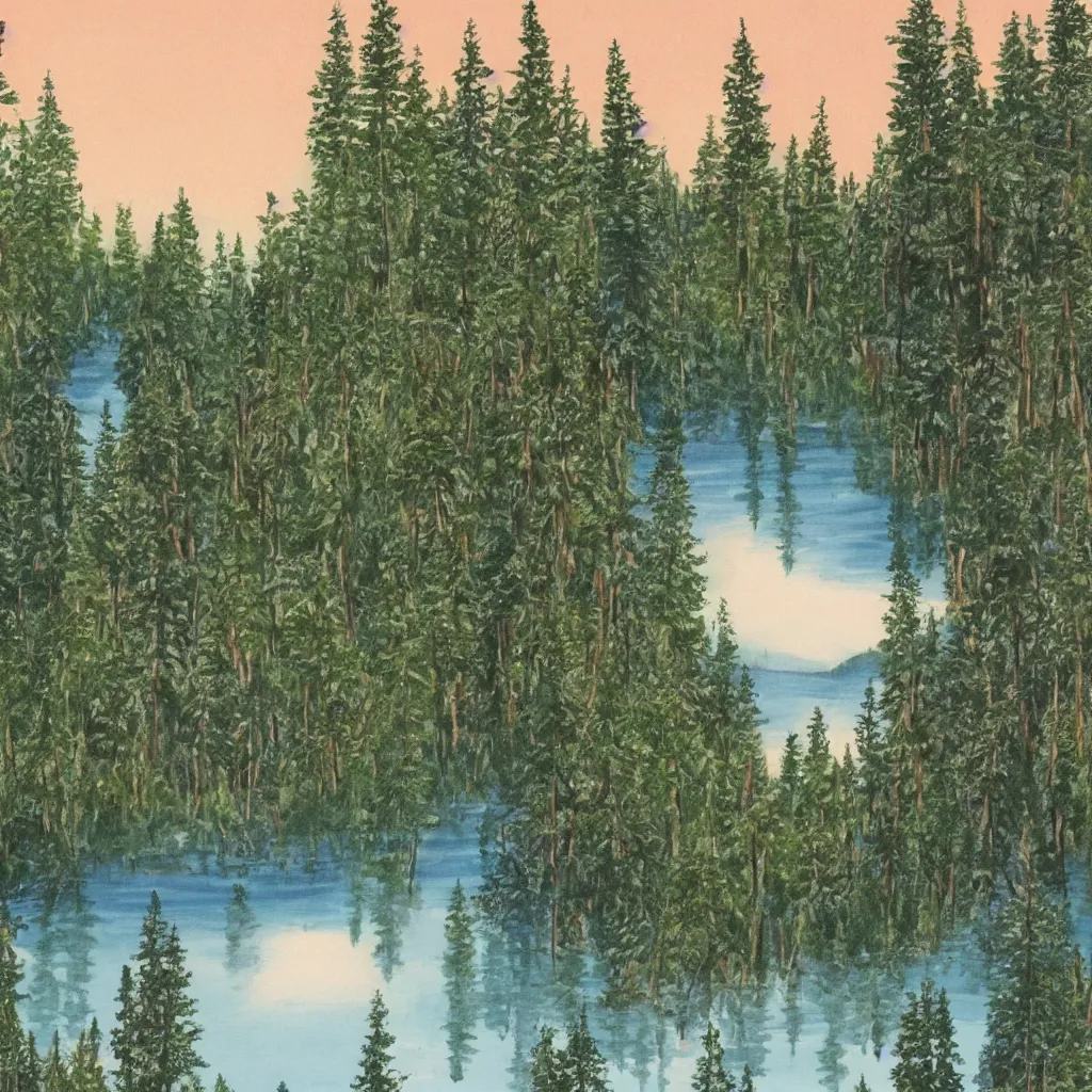 Image similar to a lake surrounded by pine trees painted by Bob Ross