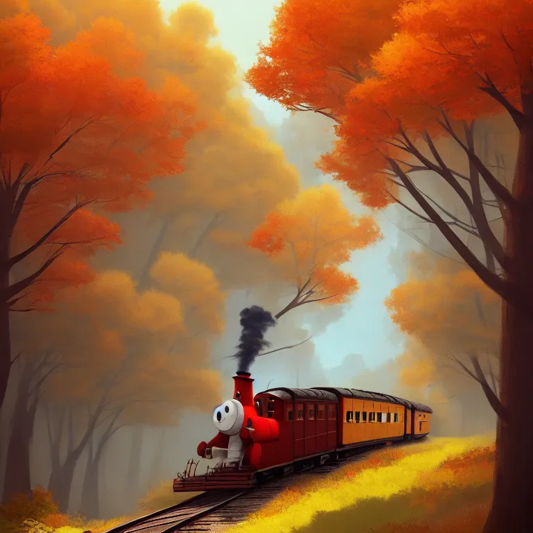 Image similar to Goro Fujita illustrating An antique steam train with a large white cloud coming out of the chimney travels through a beautiful autumn forest along the railroad tracks, art by Goro Fujita, concept art, sharp focus, ArtStation