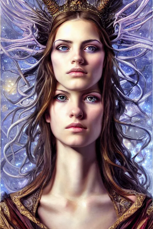 Prompt: high quality extremely detailed portrait of a young gorgeous female warlock looking away from the camera, detailed eyes, sparkle in eyes, no hands visible, fantasy, d & d, intricate, painting by lucian freud and mark brooks, hd