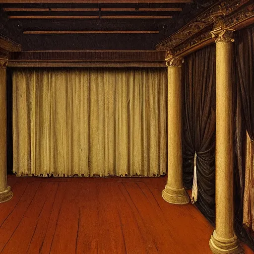 Prompt: painting of a theater backstage scene, the auditorium is visible behind the curtain, theatre equipment, backside of scenography elements, wooden floor boards, gloomy lighting, oil painting, northern renaissance art, oil on canvas, wet - on - wet technique, realistic, intricate textures, illusionistic detail