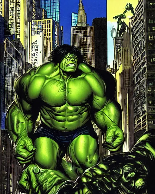 Prompt: a low angle perspective of the incredible hulk on a rampage in new york city by joe jusko. dramatic lighting. action and destruction.