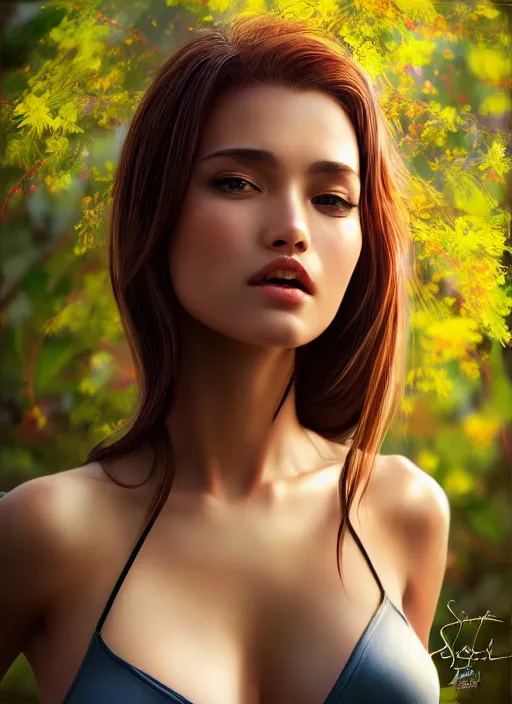 Image similar to photo of a gorgeous female in the style of stefan kostic, realistic, half body shot, sharp focus, 8 k high definition, insanely detailed, intricate, elegant, art by stanley lau and artgerm, extreme bokeh light spring foliage