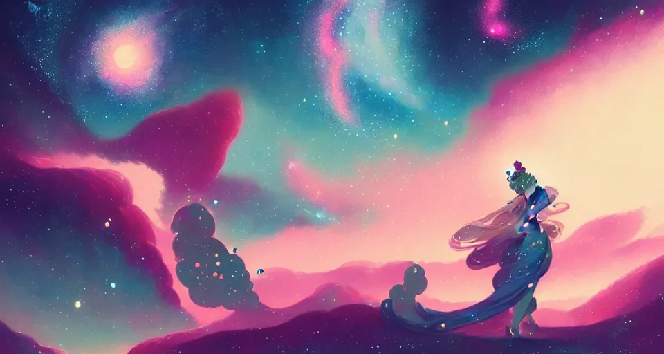 Image similar to milky way surrounded with spiriling sparkling rose crystals and galaxies, by peter mohrbacher, hyper light drifter color pallet, ukiyo - e trending on artstation